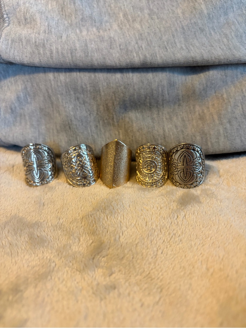 Set of Five Embossed Metal Statement Rings in Silver and Gold